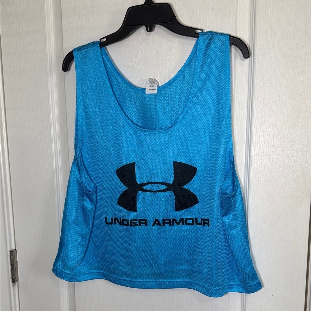 Under Armour Women’s Large Mesh Tank Top Blue Logo Athletic Workout Sleeveless